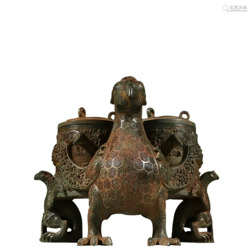 BRONZE PHOENIX-FORM VESSEL