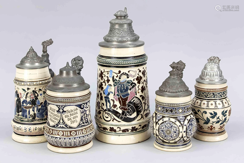 Five tankards with pewter lid