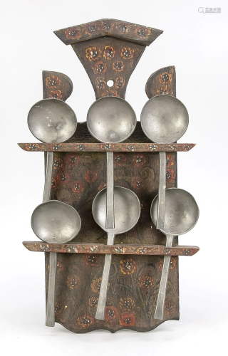 Shelf with pewter spoons, 19th