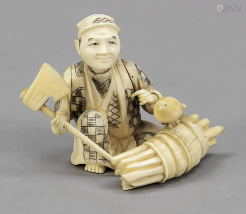 Okimono of a seated farmer,