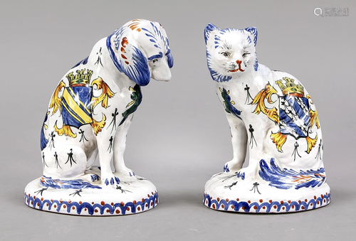 Dog & Cat, faience, France, 20th c.,