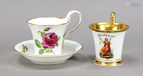 Two cups with 1 saucer, 1 cup with s