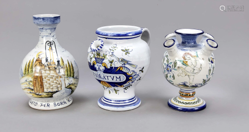 Three jugs, Derura, Italy, 20th c.,