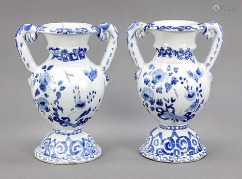 Pair of vases with handles, faience,