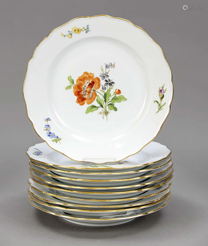 Ten flat dinner plates, Meissen, Kna