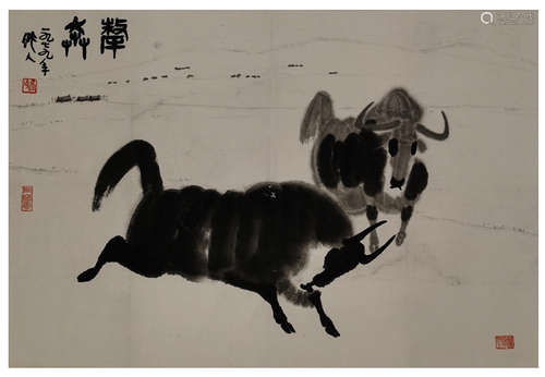 Twin Buffaloes，Painting by Wu Zuoren