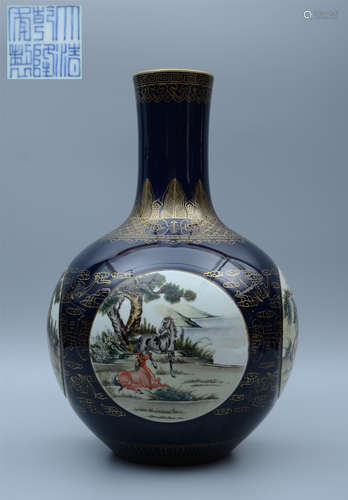 Qianlong Blue Glazed Gilt Horse Globular Vase