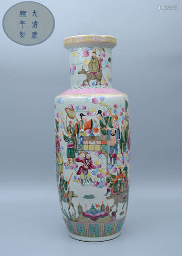 Kangxi Famille Rose Figure Rouleau Vase