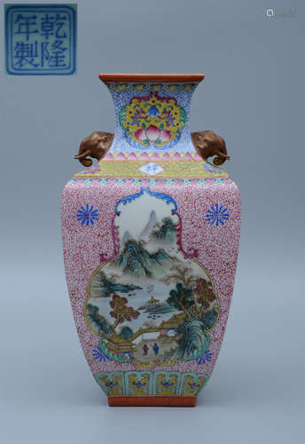 Qianlong Enamel Landscape Elephant Handles Zun Vase