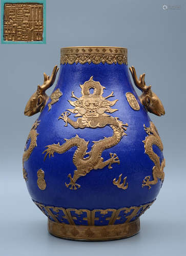 Qianlong Enamel Dragon Zun with Deer-Head Handles