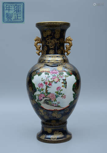 Yongzheng Enamel Bird-And-Flower Vase with Two Handles