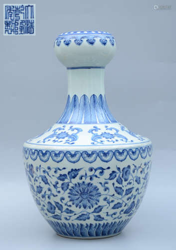 Qianlong Blue and White Scrolls Lotus Shangping Vase