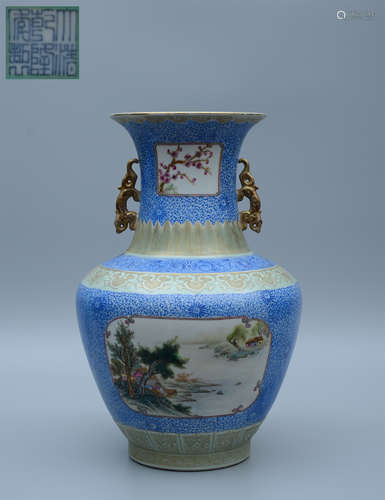 Qianlong Enamel Landscape Two Handles Zun Vase