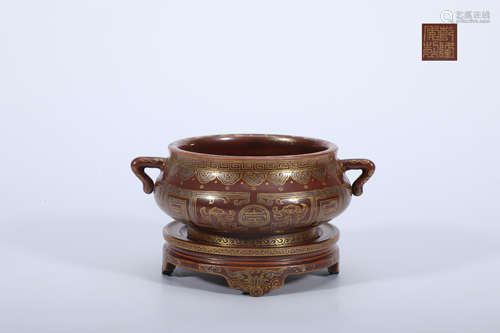 Copper-Red Gilt Two Handles Censer and Stand