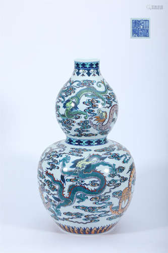 Blue and White Doucai Dragon Double-Gourd Vase