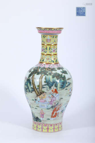 Famille Rose Gilt Figure Vase