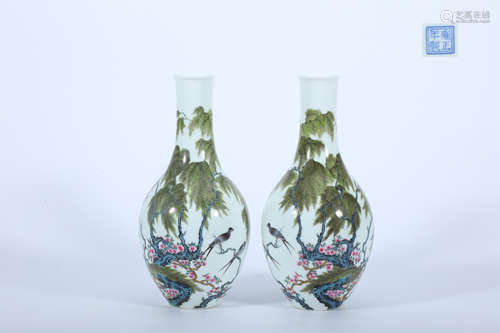 A Pair of Enamel Bird-And-Flower Olive Vase