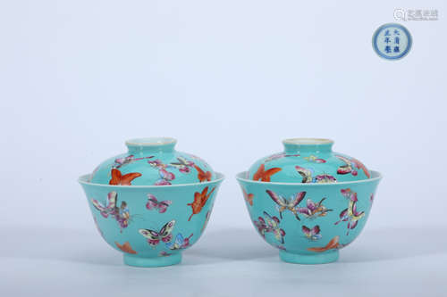 A Pair of Enamel Blue-Ground Butterfly Bowl and Cover