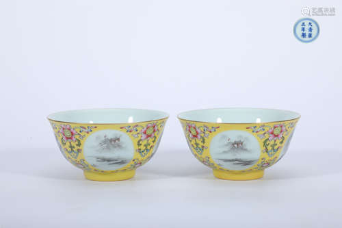 A Pair of Famille Rose Landscape Bowl