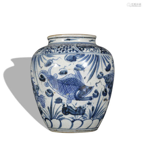 A blue and white 'fish' jar