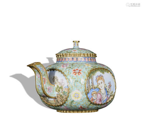 A enamel 'figure' teapot