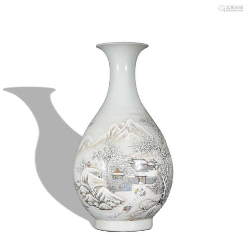 A Grisaille-painted 'riverscape' pear-shaped vase