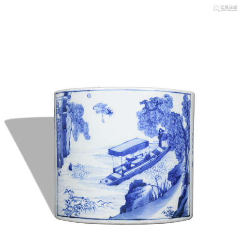 A blue and white 'landscape' pen container