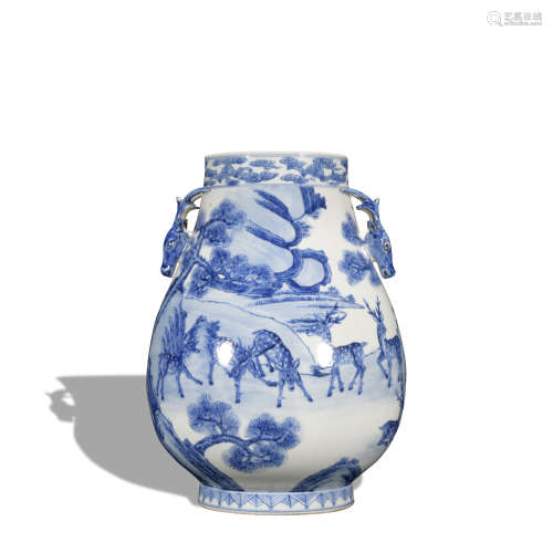 A blue and white 'deers' jar