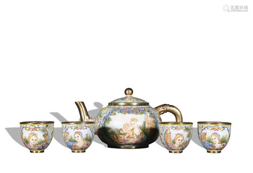 A set of enamel teapot and cup