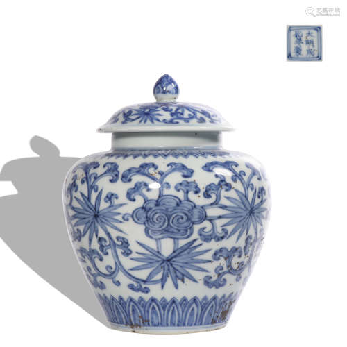 A blue and white 'floral' jar and cover