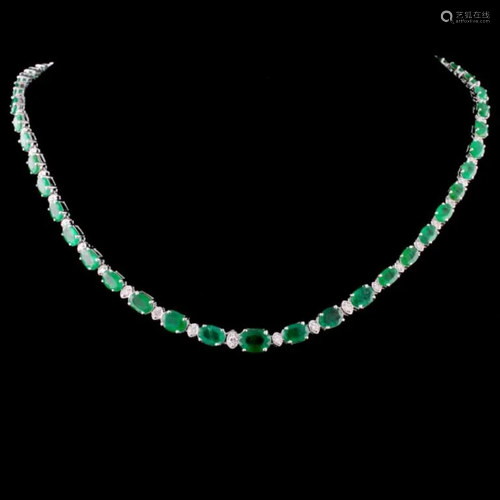 14K Gold 26.56ctw Emerald & 1.75ctw Diamond Neckla