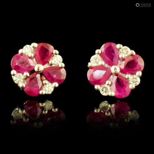 14K Gold 3.00ct Ruby & 0.40ct Diamond Earrings