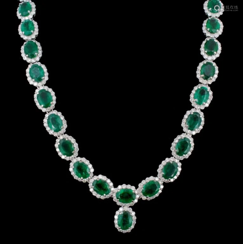 14K Gold 41.47ct Emerald & 10.92ct Diamond Necklac