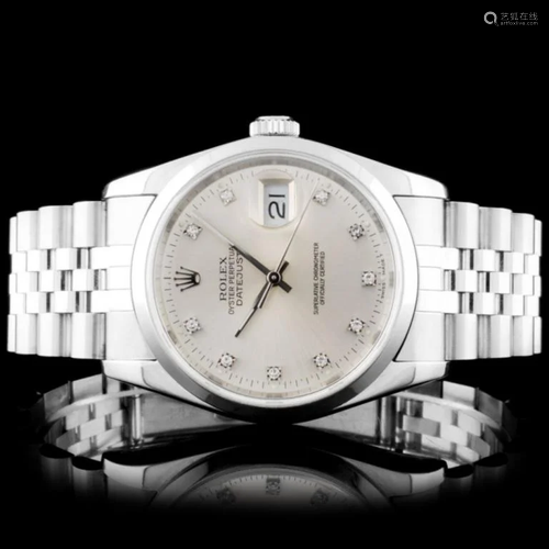 Rolex SS DateJust 36mm Silver Diamond Wristwatch