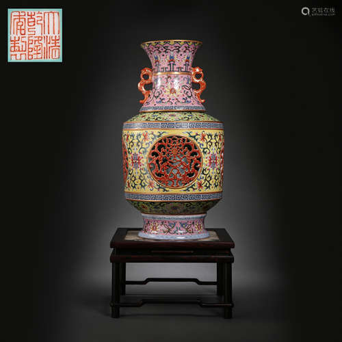 CHINESE ENAMELLED VASE WITH TWO EARS AND ROTATING HEART, QIA...