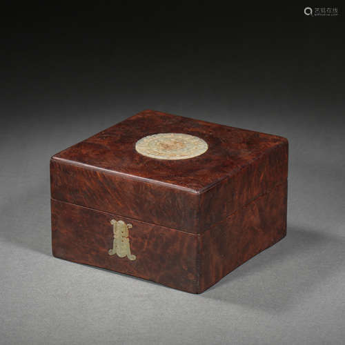 CHINESE QING DYNASTY HUANGHUALI WOOD INLAID HETIAN JADE CARV...