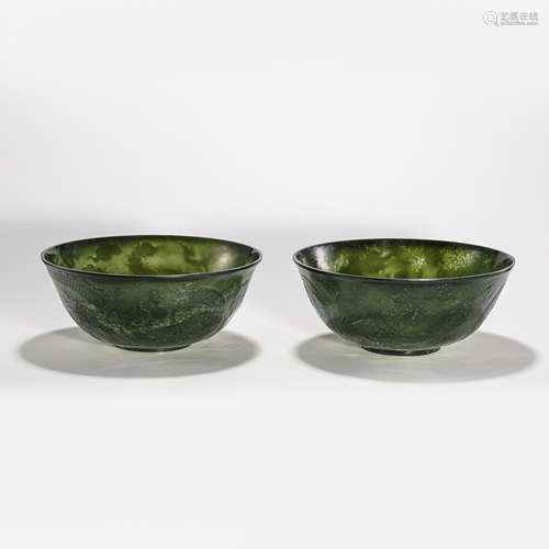 A PAIR OF JASPER BOWLS, QING DYNASTY