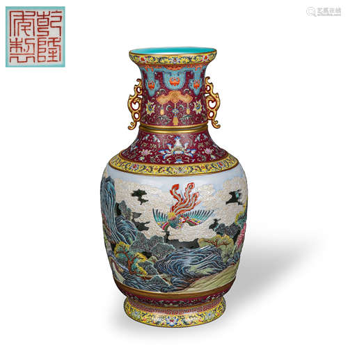 CHINESE ENAMELLED VASE WITH TWO EARS AND ROTATING HEART, QIA...