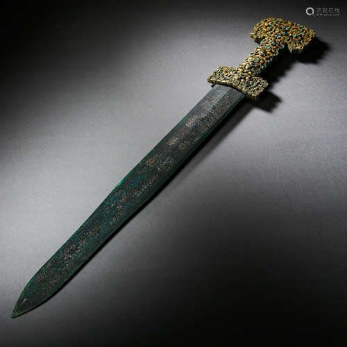 CHINESE BRONZE SWORD WITH GOLD AND SILVER INSCRIPTIONS, SPRI...