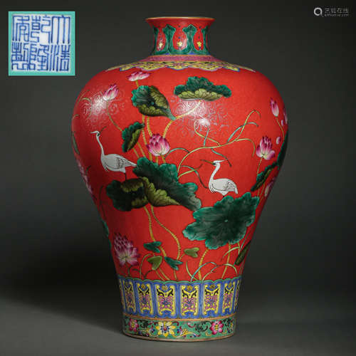 CHINESE CARMINE RED PLUM VASE WITH LOTUS PATTERN, QIANLONG P...