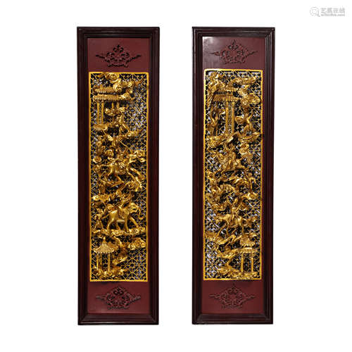 A PAIR OF CHINESE WOOD CARVING WITH LACQUER GOLD, QING DYNAS...