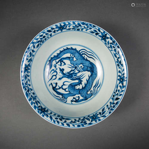 CHINESE BLUE AND WHITE DRAGON BOWL, YUAN DYNASTY