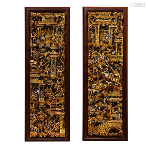 A PAIR OF CHINESE WOOD CARVING WITH LACQUER GOLD, QING DYNAS...