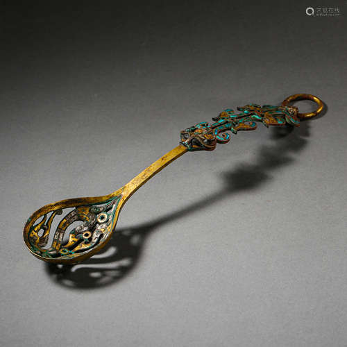 CHINESE HAN DYNASTY GILT BRONZE INLAID WITH TURQUOISES SPOON