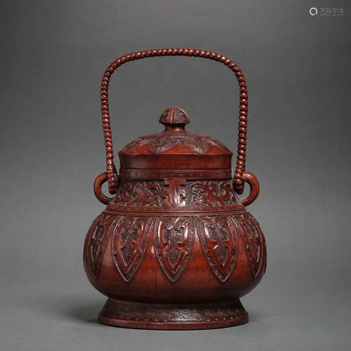 CHINESE BAMBOO CARVED POT WITH HANDLE BEAM, QING DYNASTY