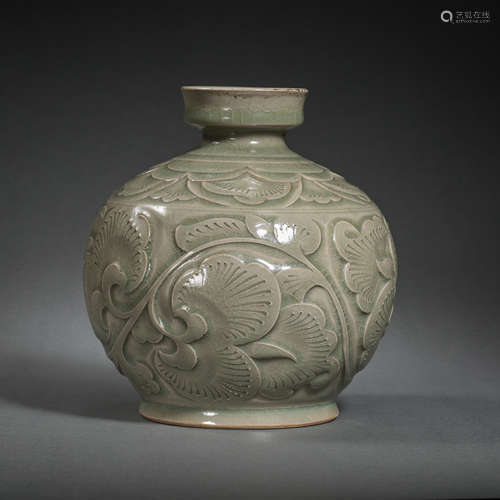 CHINESE YAOZHOU WARE GREEN GLAZE FLOWER PATTERN BOTTLE,  NOR...