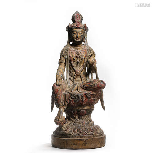 CHINESE TANG DYNASTY BLUESTONE PAINTED GUANYIN BUDDHA