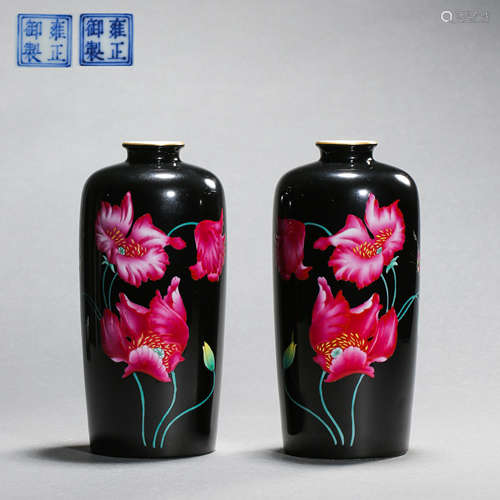 A PAIR OF CHINESE YONGZHENG PERIOD BLACK GLAZE FLOWER PATTER...