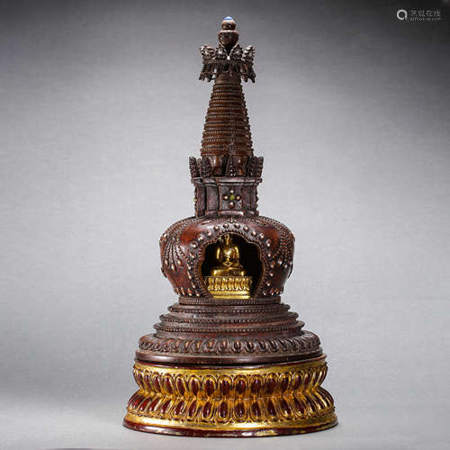 CHINESE QING DYNASTY ALOES WOOD SHRINE AND QING DYNASTY GILT...