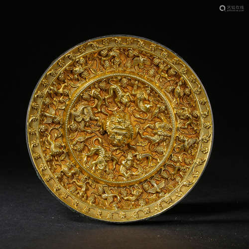 CHINESE BRONZE MIRROR INLAID WITH GOLD SKIN, TANG DYNASTY